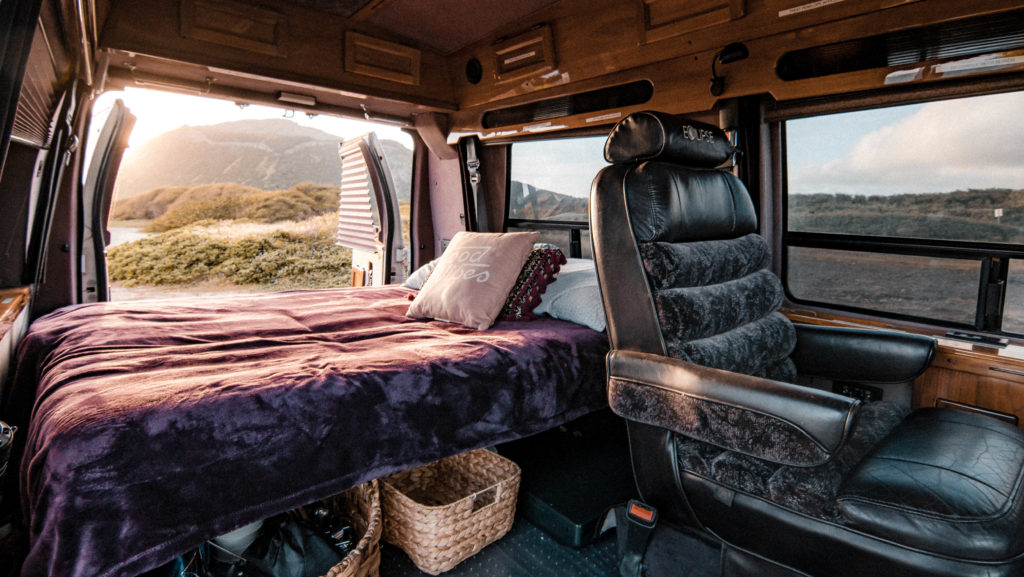 Interior of campervan along shore of Oahu.